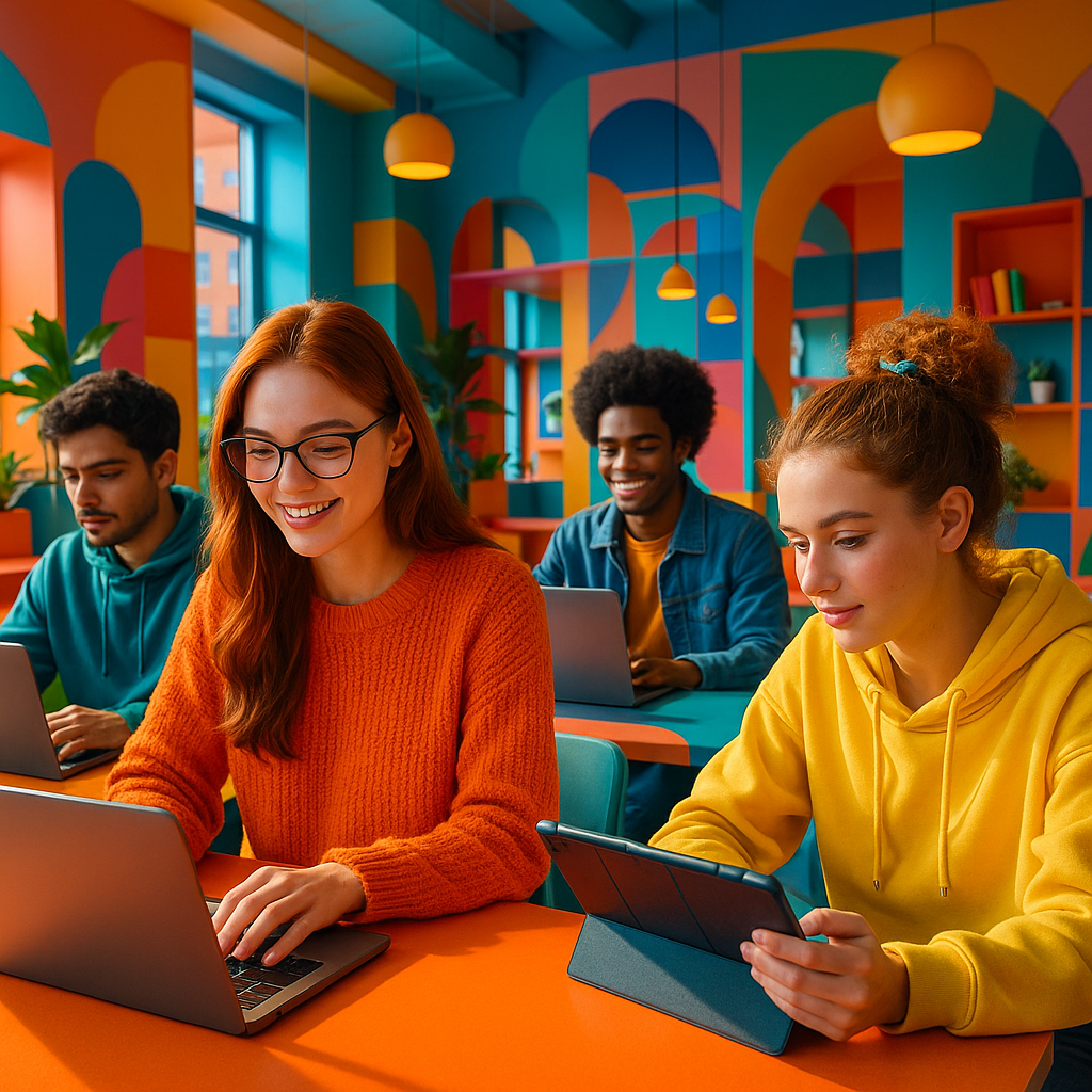 Diverse students studying with laptops and tablets in a vibrant colorful classroom, modern education, bright and energetic