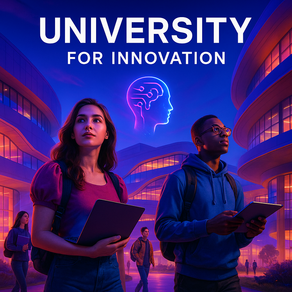 University for Innovation, two diverse students in front of a futuristic glowing campus building at night, neon lighting