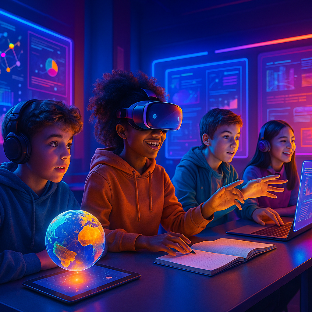 Children learning with VR headsets and holographic technology in a futuristic classroom, glowing globe, data visualizations