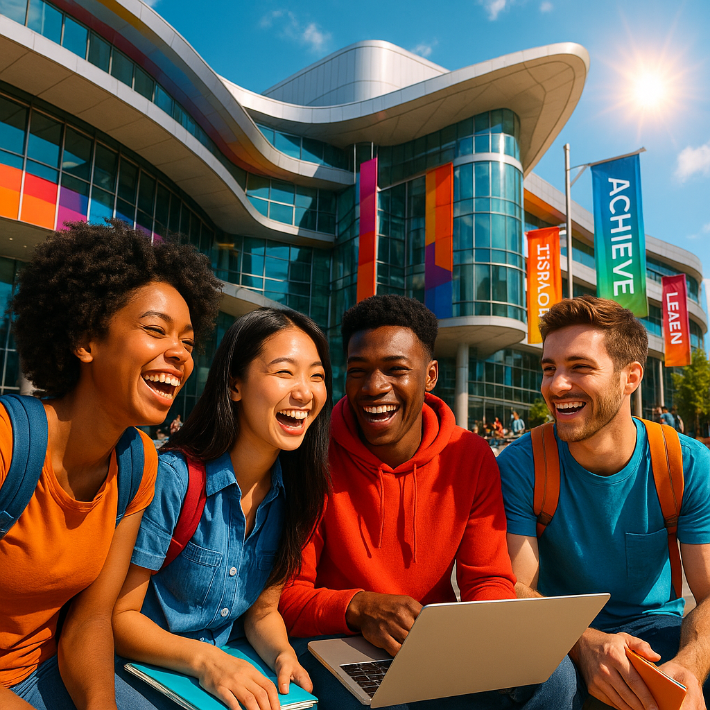 Happy diverse students laughing and studying together on a colorful modern university campus, Achieve banners, sunny day