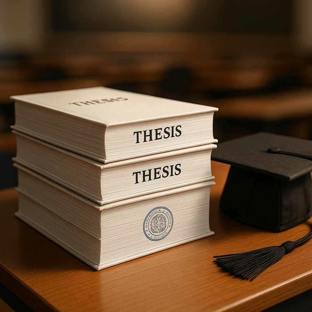 Two thesis books stacked on a wooden desk with a graduation cap, soft blurred classroom background, academic achievement