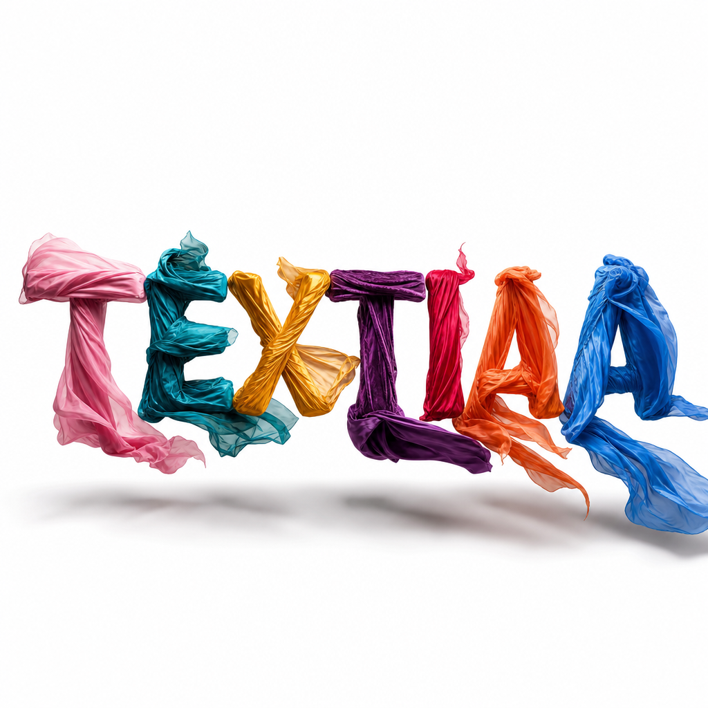 The word TEXTIAA spelled in large colorful fabric cloth letters floating on white background, creative typography