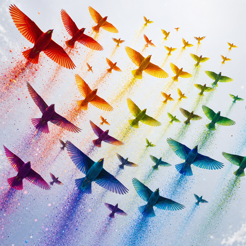 A flock of colorful rainbow birds flying in formation against a white sky, spectrum of colors from red to purple, freedom concept