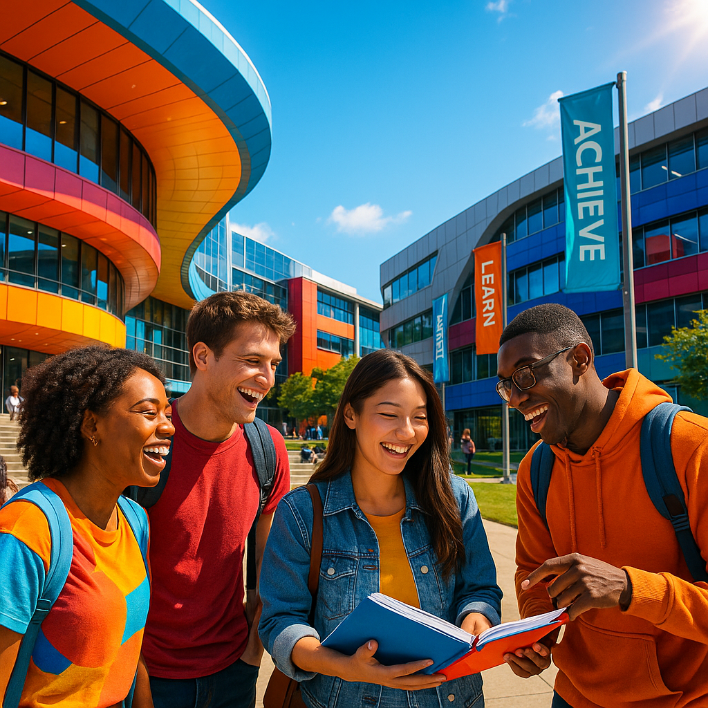 Diverse students laughing and reading together outside a modern colorful university campus, Achieve signs, blue sky