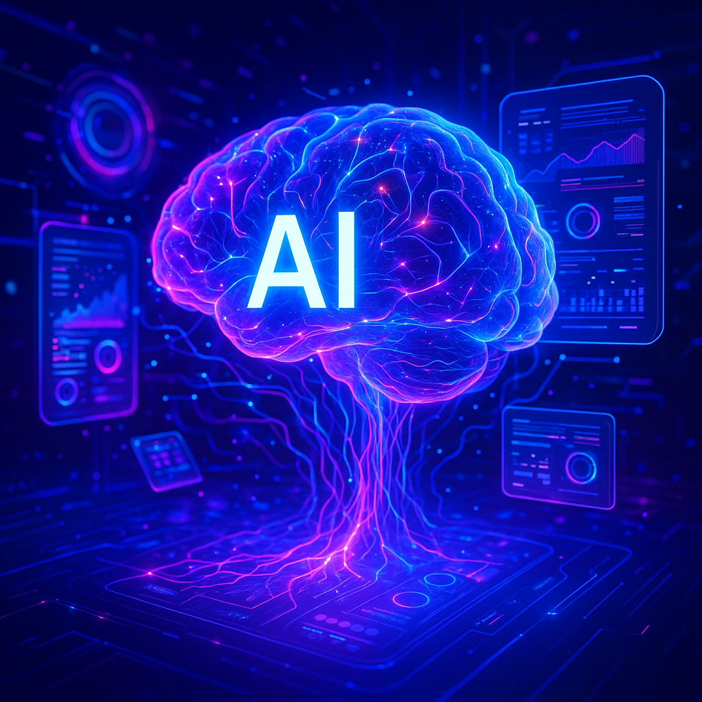 A glowing AI brain with neural network connections and floating data dashboards, futuristic digital technology, dark background
