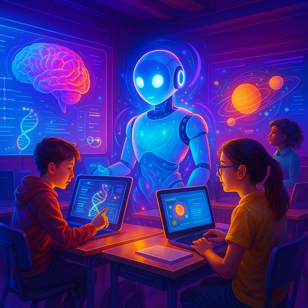 An AI robot teacher helping diverse students in a futuristic classroom, interactive learning with laptops, inspiring scene