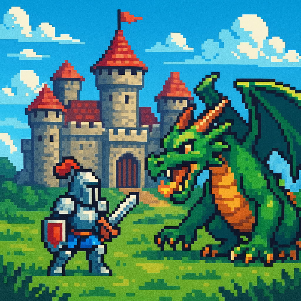 A knight with sword and shield facing a green dragon in front of a medieval castle, blue sky, classic fantasy