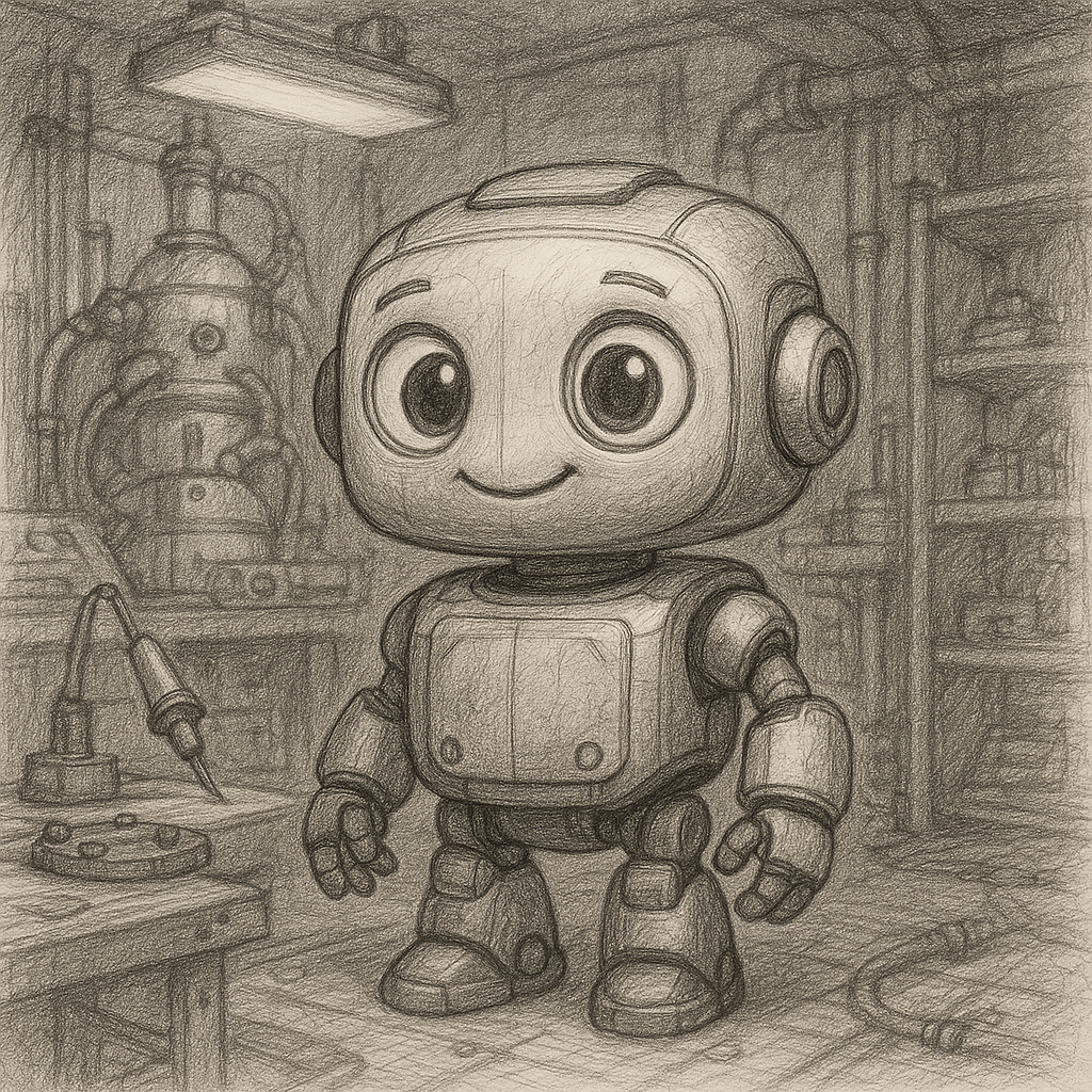 A cute kawaii robot with big expressive eyes standing in a steampunk workshop, charming and artistic