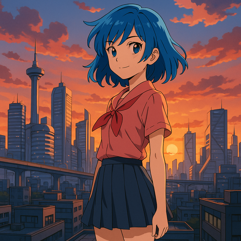A girl with short blue hair in school uniform standing on a rooftop with city skyline at sunset, warm orange sky